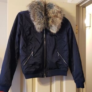 White House Black Market Navy Blue Puffer Jacket with Fur Collar Size S